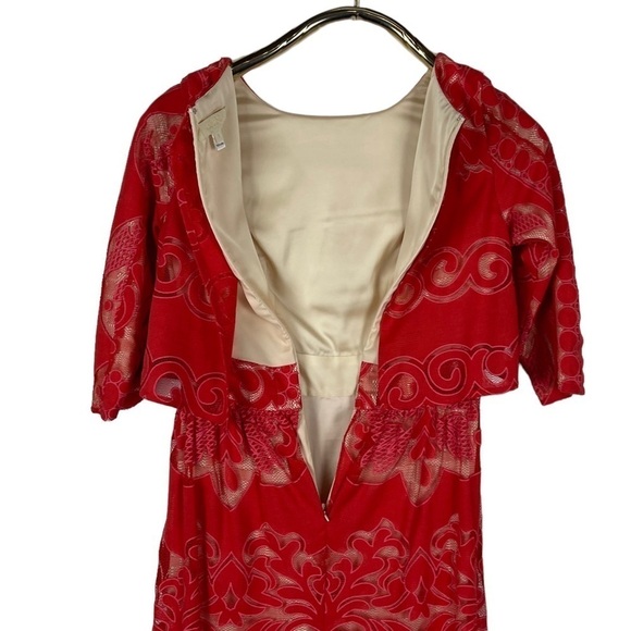 ERIN BY ERIN FETHERSTON JUDY CORAL RED LACE LAYERED BODICE 1/2 SLEEVE MAXI DRESS - Picture 9 of 14